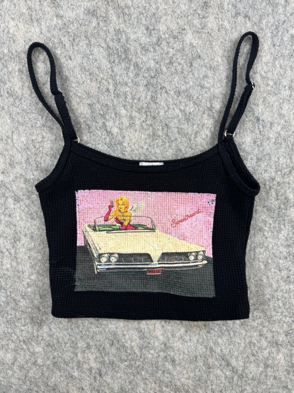 Boys Lie Crop Tank Top Vintage Car Graphic Spaghetti Strap Sz XS/S